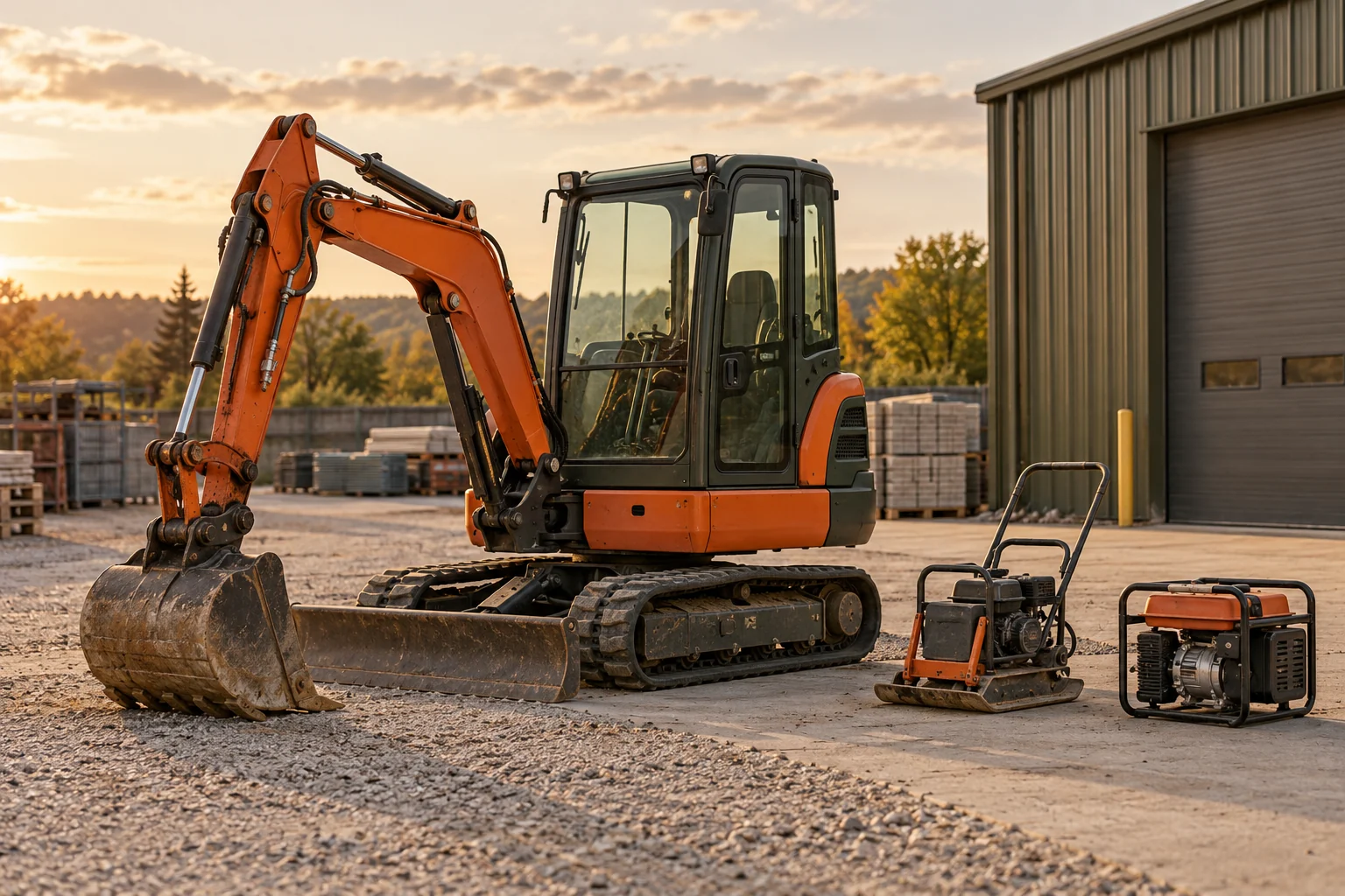 Illustrative orange compact excavator and construction equipment in an organized outdoor rental yard